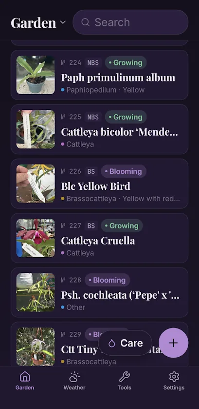 The garden in compact list layout, each plant showing its collection number, size, and status.