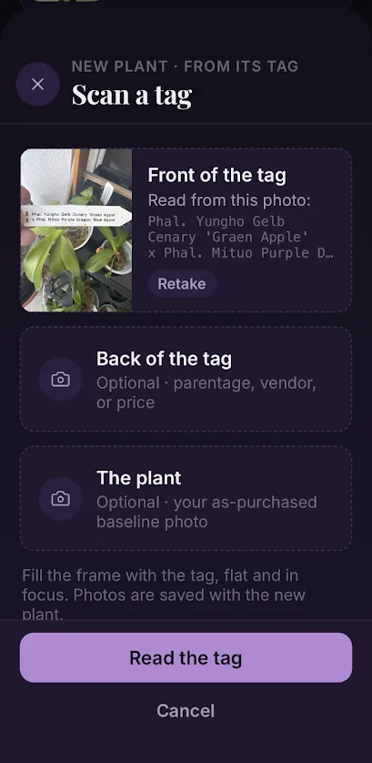 The Scan a tag screen, reading a Phalaenopsis nursery label from a photo.